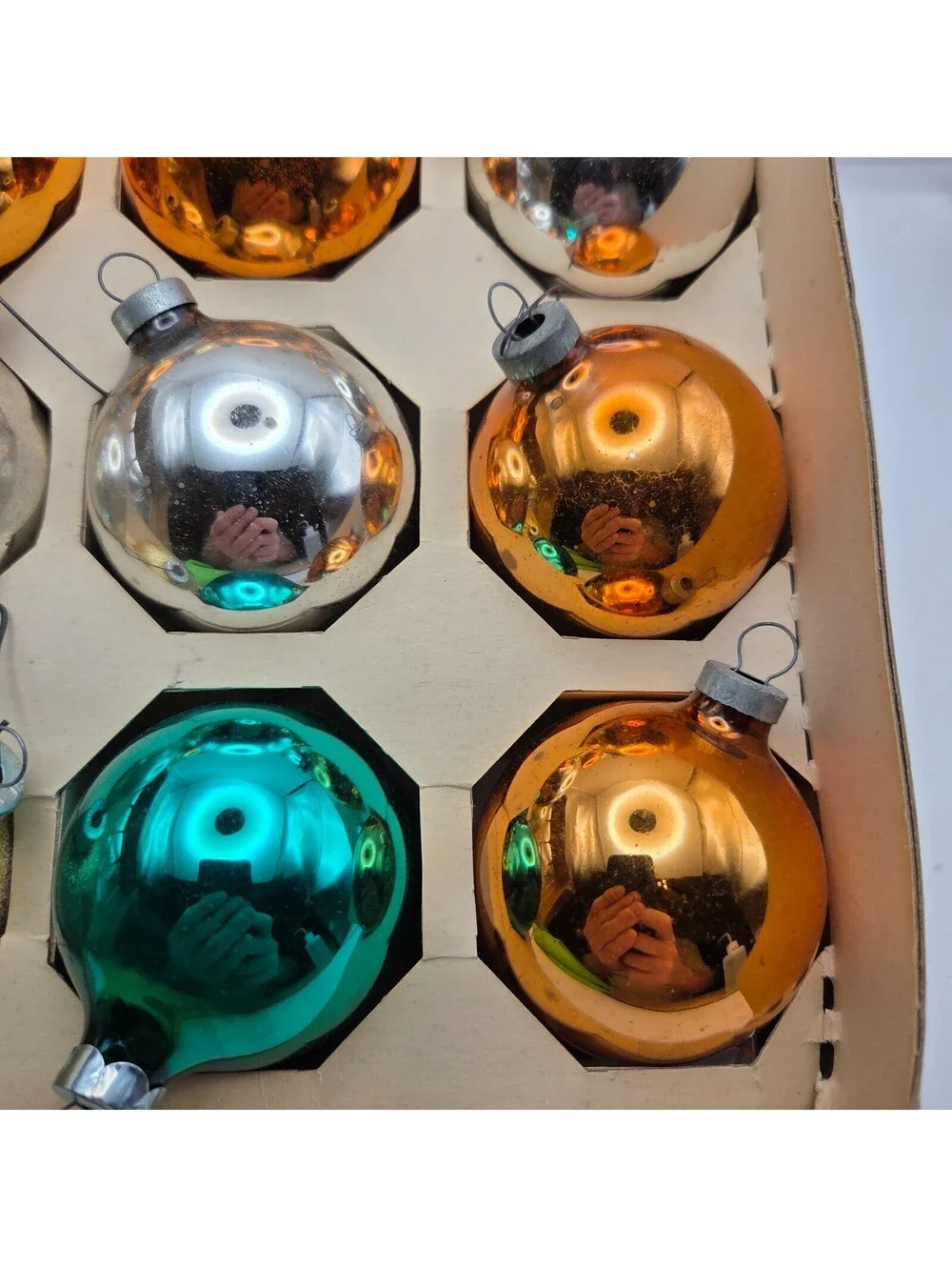 Vintage Essex Franke 12 Glass Christmas Ornaments Multicolor Boxed USA